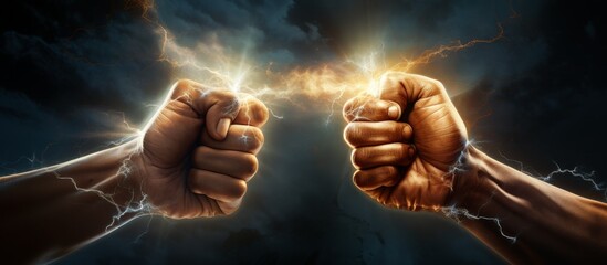Two hands engage in a fierce battle, unleashing bolts of lightning amidst a swirling of clouds and sky. This electrifying event showcases the power of gesture and symmetry in art and science - obrazy, fototapety, plakaty