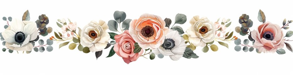 Set of wedding flower arrangements with dusty pink roses, white anemones and eucalyptus leaves isolated on white background cutout, concept art, pastel colors, white flowers. - obrazy, fototapety, plakaty
