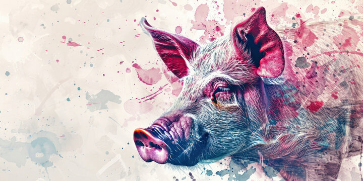 Colorful Splattered Pig Portrait In Pink And Blue Paint On White Background