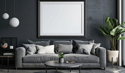 interior of a room with a sofa with a large painting behind it as a mock up