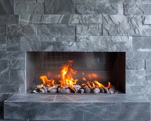Vibrant orange flames in a fireplace against a cool grey stone, symbolizing warmth and cold in a striking studio contrast