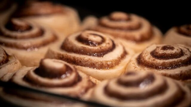 A timelapse of baking homemade sweet rolls in the oven. Traditional American rolls made of yeast dough with a filling of cinnamon and sugar, glazed with cream cheese, powdered sugar and vanilla.