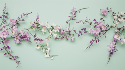 Twigs with purple flowers on a light green background
