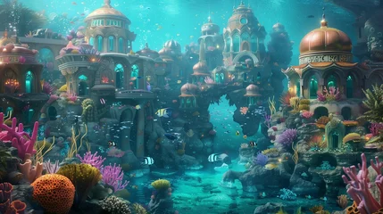 Poster An underwater kingdom , with coral palaces adorned with precious gems and pearls, and schools of vibrant fish swimming through the crystal-clear waters.   © Fatima