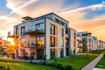 Luxury modern multi-family houses in a housing estate with green lawns nearby and sunset in the background
