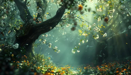 Fotobehang Enchanted Forest with Glowing Flowers and Magical Tree, Dreamy Nature Fantasy © Andrei Serbinenko