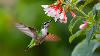 Fototapeta premium Hummingbird hovers gracefully under a butterfly bush with flowers