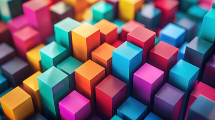 Fototapeta na wymiar isometric pattern of colorful geometric shapes of mini 3d blocks, mulitple layers deep, stacked, octane render