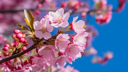 Image Cherry blossom tree macro detail with pink blue background