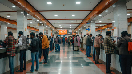 Fototapeta na wymiar Hustle and Bustle: Indian Bank Teller Counter with Queue