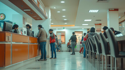 Crowded Indian Bank: Teller Station with Waiting Customers