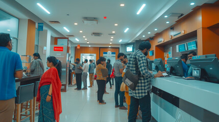 Modern Indian Banking: People Queue at Teller Counter