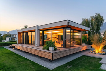 A modern luxury modular house with large windows, a lawn and a path
 - obrazy, fototapety, plakaty