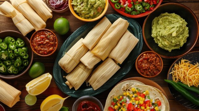A Wooden Table With A Variety Of Mexican Dishes, A Plate Filled With Tamles In The Center, Top View