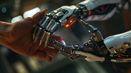 Fototapeta na wymiar a person holding an ai robot's hand generative ai