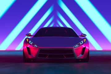 Sleek Futuristic Sports Car Bathed in Vibrant Neon Lights in the City at Night - obrazy, fototapety, plakaty