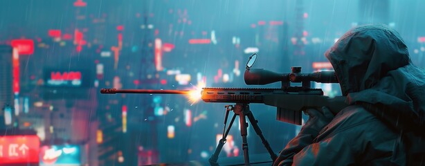 First-person shooter war game screenshot concept - man aiming enemy with an AK-47 rifle inside the smashed building - 3d illustration - obrazy, fototapety, plakaty