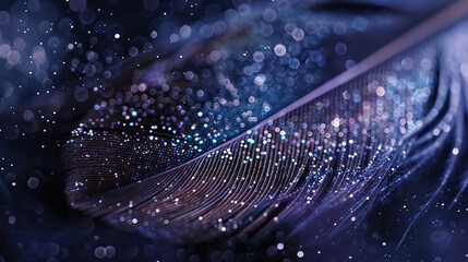 A closeup of the texture and pattern on an elegant feather, with delicate feathers illuminated by sparkling lights against deep indigo hues. The background is a starry night sky, creating a dreamy atm