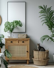 Modern Scandinavian Cupboard with Mock-Up Poster Frame and Tropical Accents