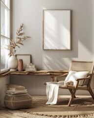 Fototapeta na wymiar Modern Apartment Living Room: Stylish Home Decor with White Mock-Up Photo Frame