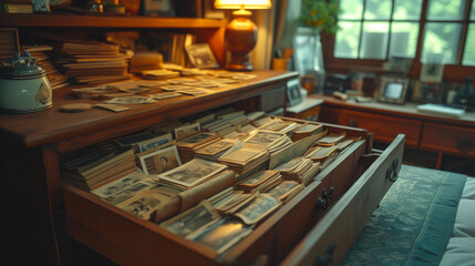 Capturing the Past: Wooden Cupboard's Photo Drawer Treasures - obrazy, fototapety, plakaty