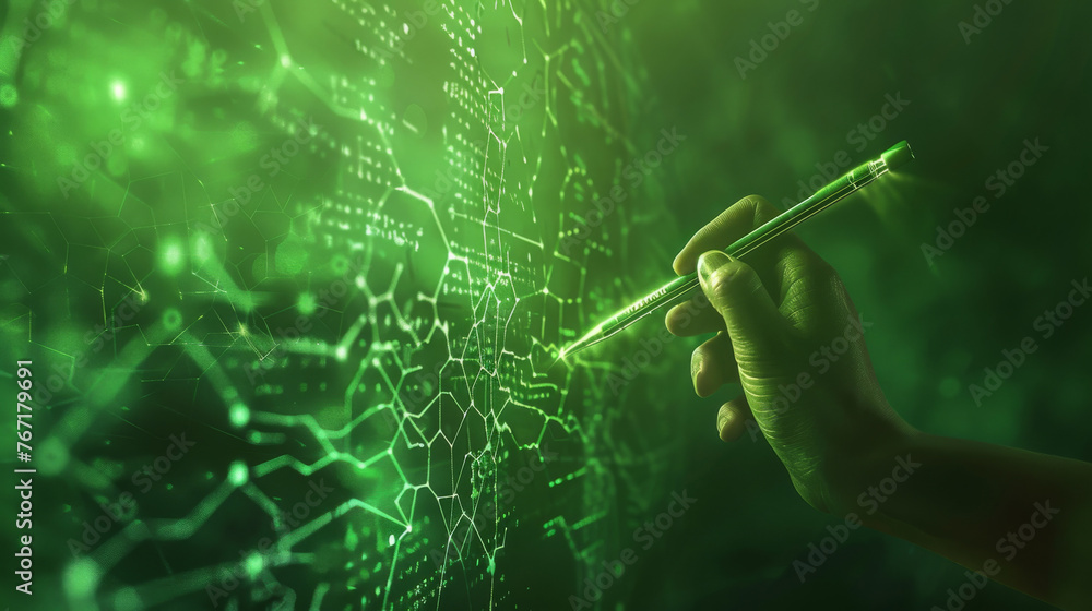 Poster Hand with a stylus interacts with a virtual green holographic interface