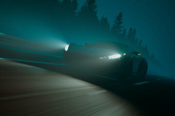 Dynamic Sports Car Racing Through Mist-Enshrouded Forest Road at Nightfall - obrazy, fototapety, plakaty