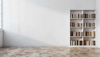 one bookcase with books on the parquet floor against the white wall - obrazy, fototapety, plakaty
