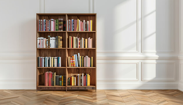 one bookcase with books on the parquet floor against the white wall