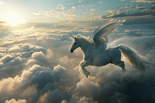 A unicorn with wings flying in the sky with clouds against the background of the sun and clouds
