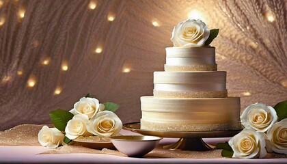 Illustration of a large wedding cake on white background with space for text. - obrazy, fototapety, plakaty