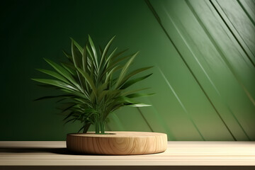 A beautiful green plant on a wooden podium table with green background