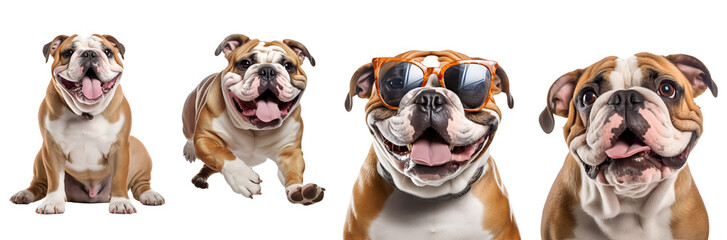 Set of Delighted English Bulldogs: Happy Hounds Showcasing Different Styles - Running, Playing, Jumping, Sitting, Close-Up, and Wearing Sunglasses, Isolated on Transparent Background, PNG