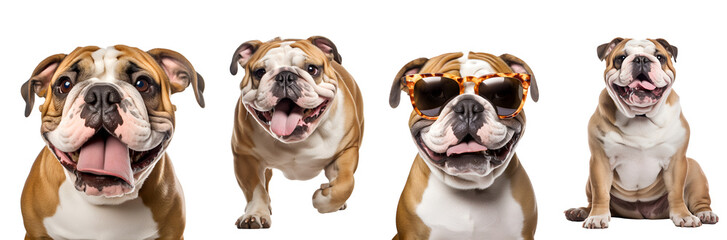 Set of Content English Bulldogs: Relaxed Pups Displaying Varied Behaviors - Running, Playing, Jumping, Sitting, Close-Up, and Cool in Sunglasses, Isolated on Transparent Background, PNG - obrazy, fototapety, plakaty