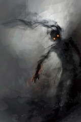 Ghostly Figure Amidst Vapor, Shadowy Presence in Fog, 