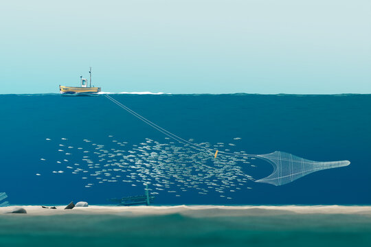 Serene Dawn: Small Yellow Fishing Boat Casting Nets in the Vast Blue Ocean