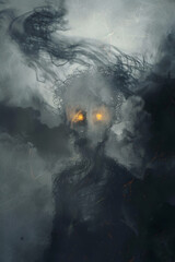 Fototapeta premium Ghostly Figure Amidst Vapor, Shadowy Presence in Fog, 