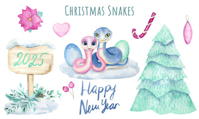Set Of Hand Drawn Watercolor Cute Christmas Snakes