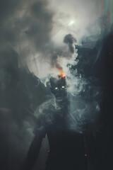 Fototapeta premium Ghostly Figure Amidst Vapor, Shadowy Presence in Fog, 