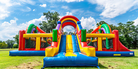 empty inflatable bounce house background, in summer backyard outdoor nature