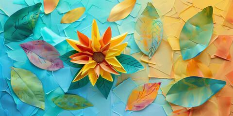 Design with decor of flowers made of paper. Spring and summer illustration using collage technique