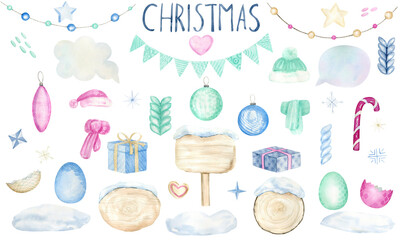 Set Of Hand Drawn Watercolor Christmas Elements