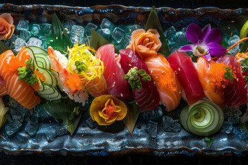 Fototapeta premium Luxury sushi set on a beautiful ceramic dish, prepared sushi, top view 