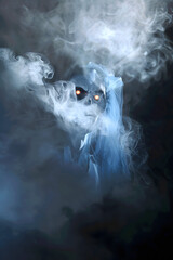 Ghostly Figure Amidst Vapor, Shadowy Presence in Fog, 