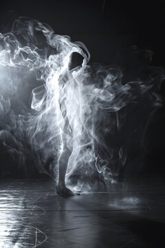 Ghostly Figure Amidst Vapor, Shadowy Presence in Fog, 