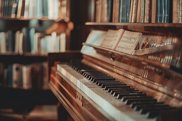Old piano in the library close up, selective focus. A piano with books all around
