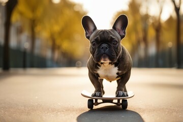 A French Bulldog in a city park, skateboarding alongside its owner, showing off its playful and adventurous side