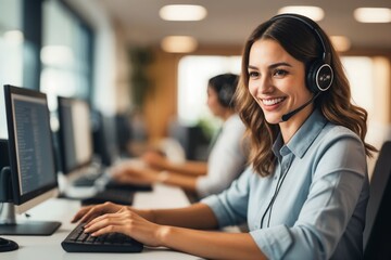 Smiling businesswoman in a call center, providing customer support with a headset, talking on the phone