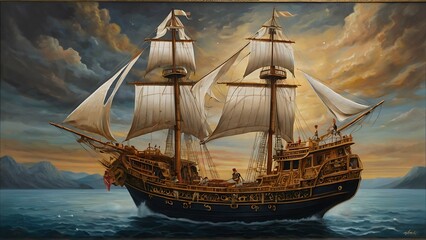 An elusive ornamental temporal trawler drifts through a dreamlike watercolor seascape, its intricate details standing out vividly against the soft, ethereal background. The main subject is a fantastic