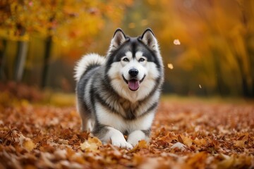 Alaskan Malamute playing in a field covered with autumn leaves, capturing the joy and energy of the breed - obrazy, fototapety, plakaty